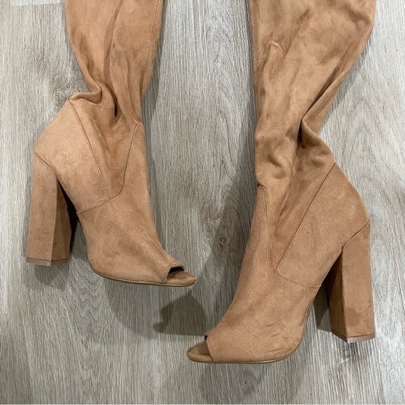 Steve Madden Elliana Tan Peep Toe Thigh High Boots - Picture 2 of 13